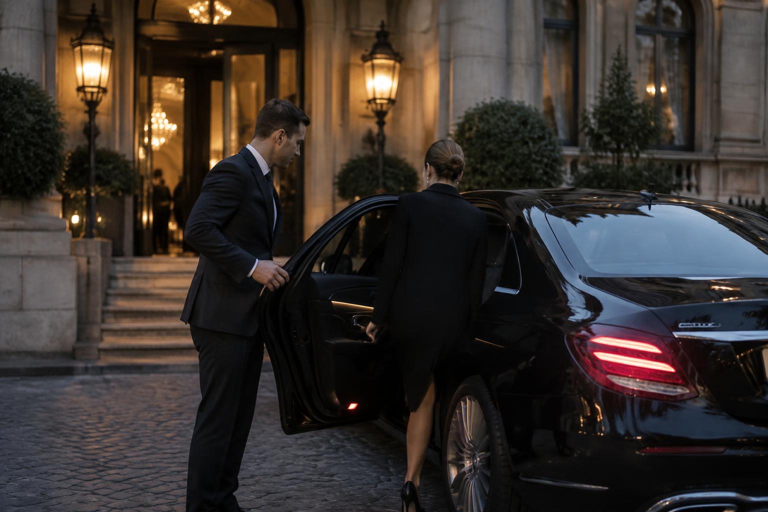 Chauffeur ouvrant la porte d'une Mercedes Classe S devant un palace à Genève