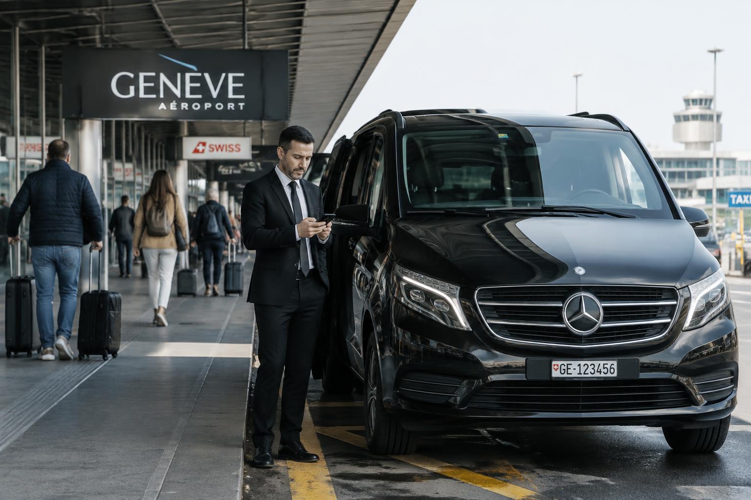 Chauffeur confirmant une réservation à côté d'une Mercedes Classe V à l'aéroport de Genève