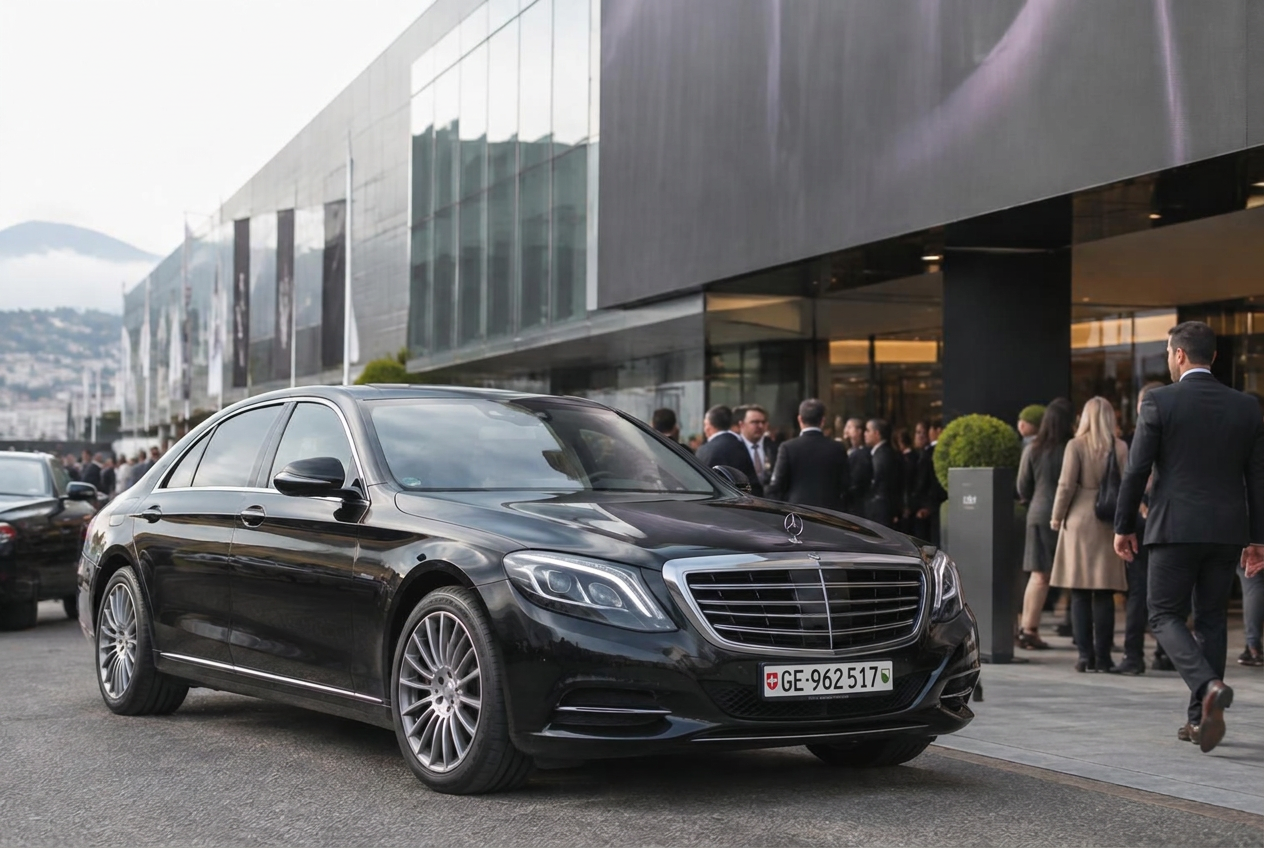 Berline avec chauffeur devant un centre d'exposition à Genève