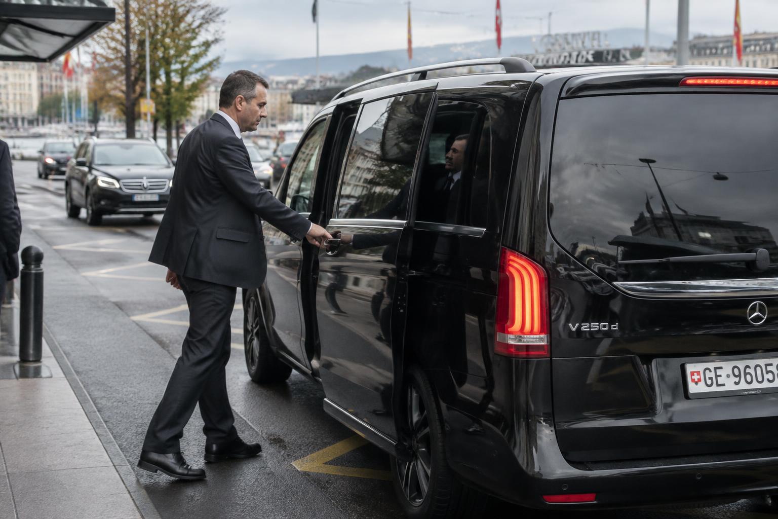 Chauffeure Genesis Driver devant une berline de prestige à Genève